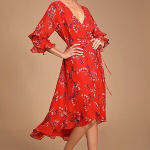 Lulu's Vibrant Red Floral Wrap Dress